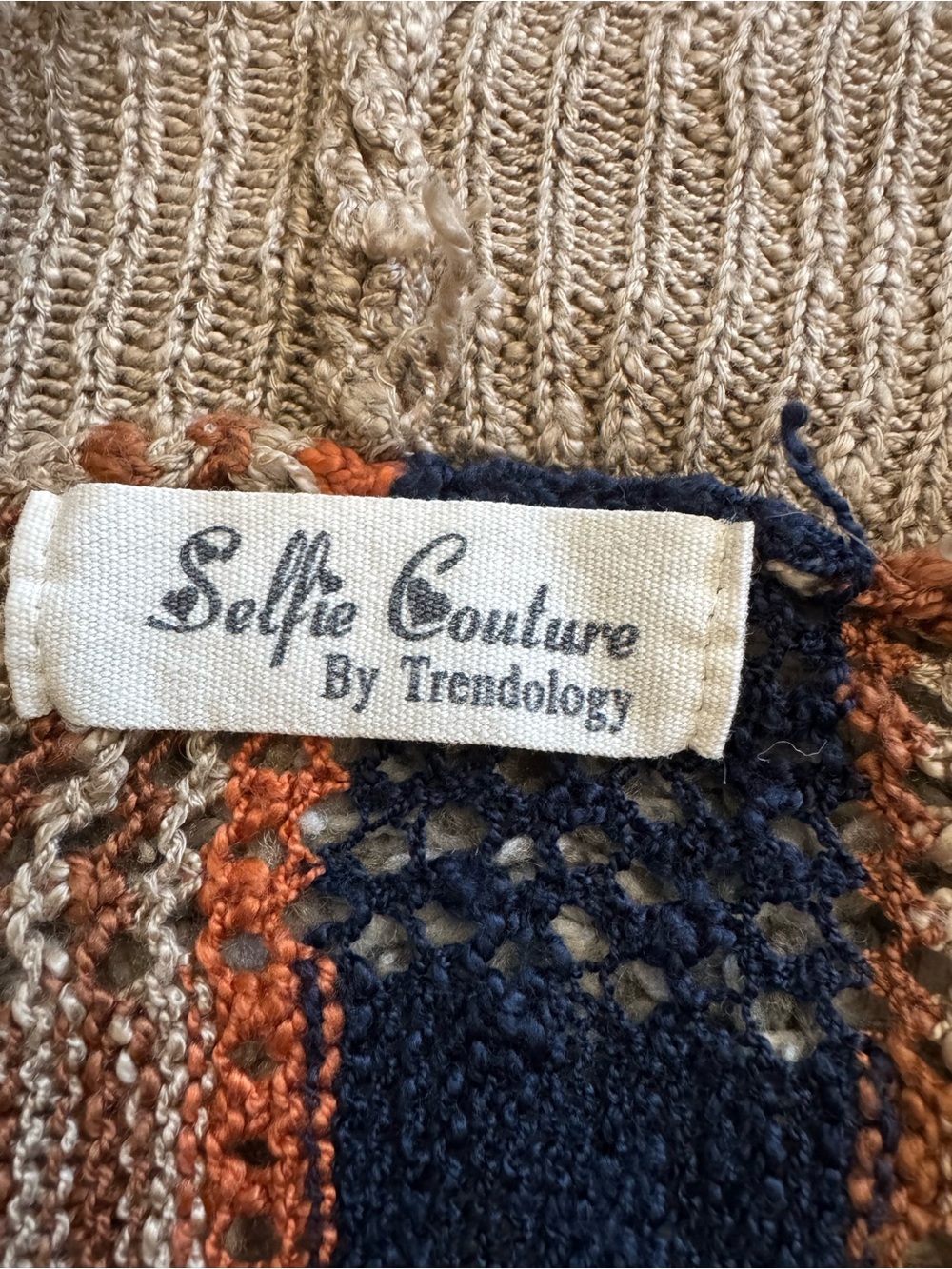 Open-Front Fringe Knit Cardigan Sweater - Beige, Navy, Light Blue & Rust - Picture 2 of 5